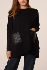 Textured PU Front Pockets Knit Jumper
