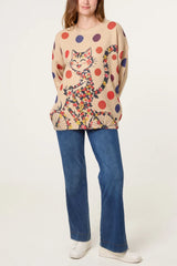 Floral Cat-On-Bicycle Knit Jumper