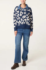 Denim Collar Animal Knit Jumper
