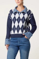 Argyle Denim Trim Knit Jumper