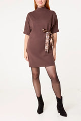 Leopard Satin Bow Knit Mini Dress