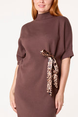 Leopard Satin Bow Knit Mini Dress