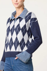 Argyle Denim Trim Knit Jumper - Downtown Girl