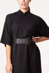 Bold Textured Belt High Neck Knit Midi Dress - Downtown Girl