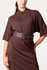 Bold Textured Belt High Neck Knit Midi Dress - Downtown Girl