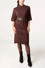 Bold Textured Belt High Neck Knit Midi Dress - Downtown Girl