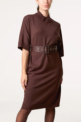 Bold Textured Belt High Neck Knit Midi Dress - Downtown Girl