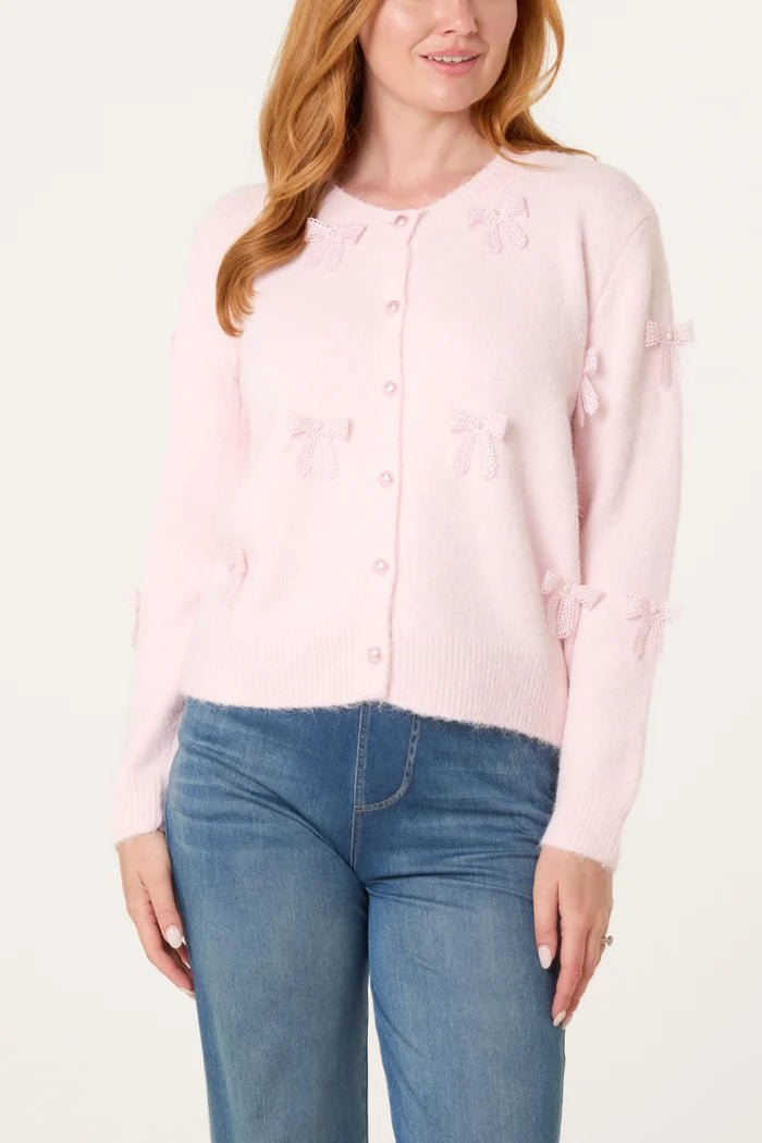 Bow Pearl Button Through Knit Cardigan - Downtown Girl
