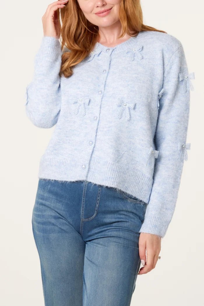 Bow Pearl Button Through Knit Cardigan - Downtown Girl