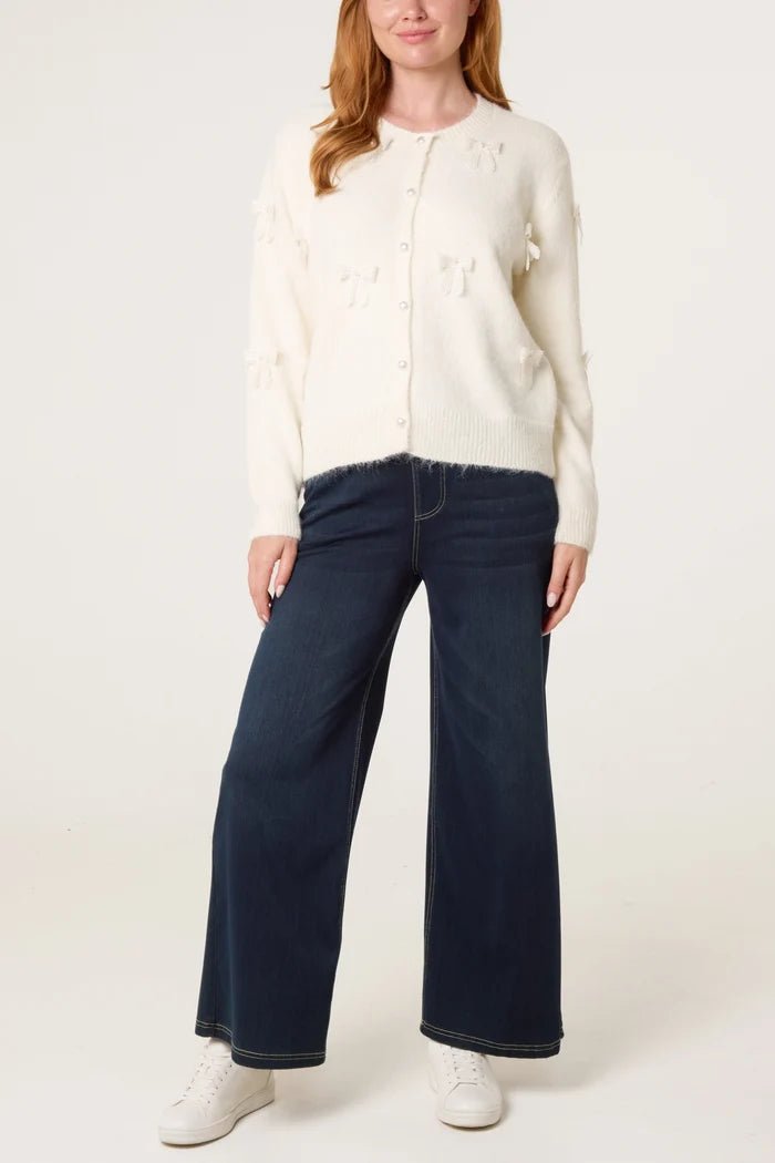 Bow Pearl Button Through Knit Cardigan - Downtown Girl