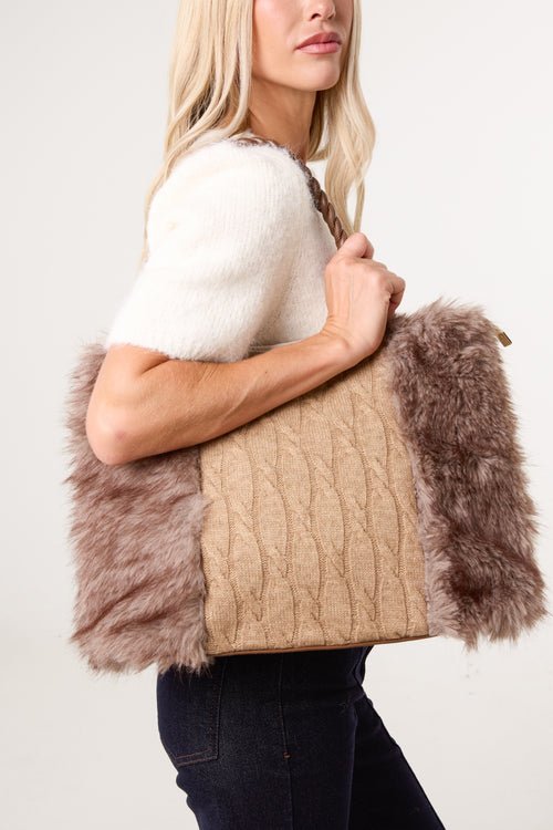 Cable Knit Faux Fur Tote Bag - Downtown Girl
