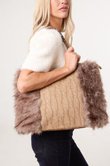 Cable Knit Faux Fur Tote Bag - Downtown Girl