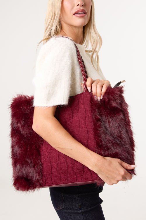 Cable Knit Faux Fur Tote Bag - Downtown Girl