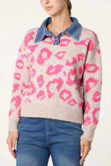Denim Collar Animal Knit Jumper - Downtown Girl