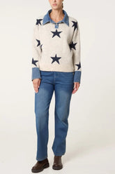 Denim Collar Star Knit Jumper - Downtown Girl