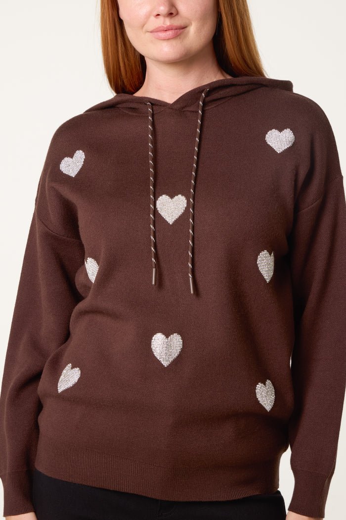 Embellished Heart Hooded Knit Jumper - Downtown Girl