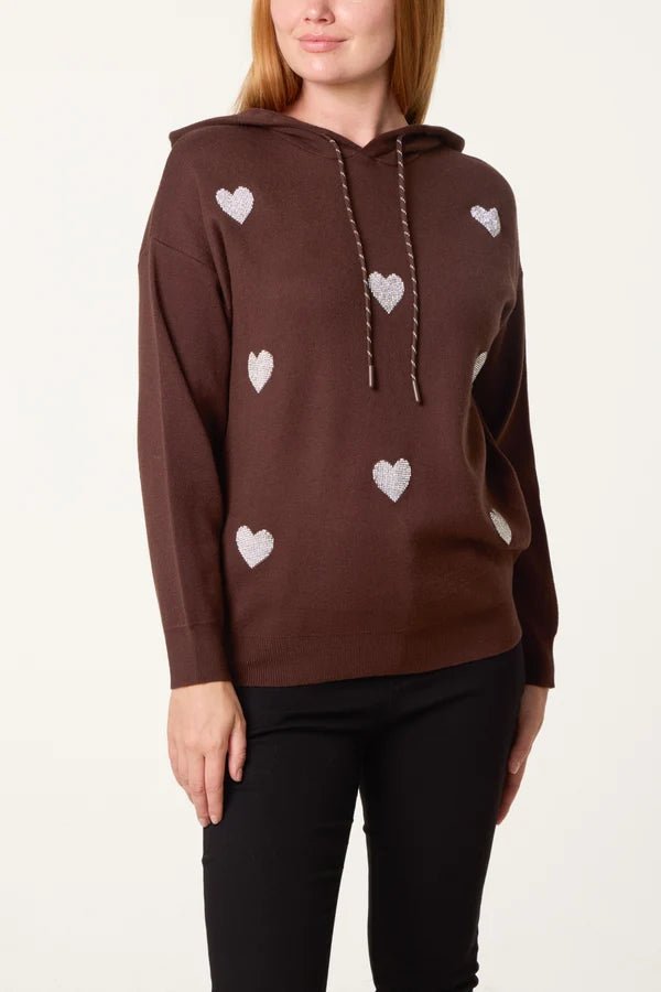 Embellished Heart Hooded Knit Jumper - Downtown Girl