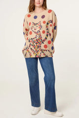 Floral Cat-On-Bicycle Knit Jumper - Downtown Girl