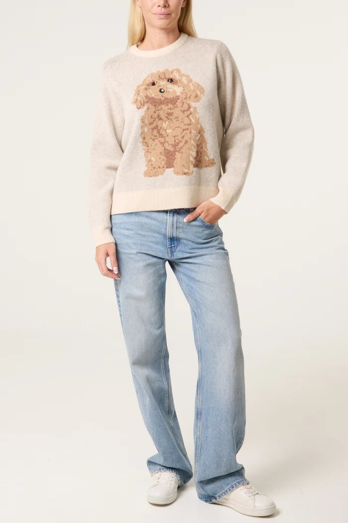 Knitted Round Neck Dog Jumper - Downtown Girl