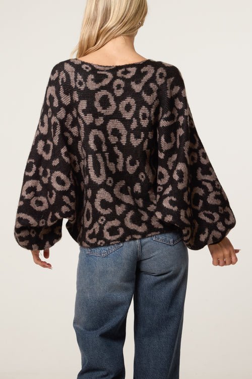 Leopard Print Balloon Sleeve Knit Jumper - Downtown Girl