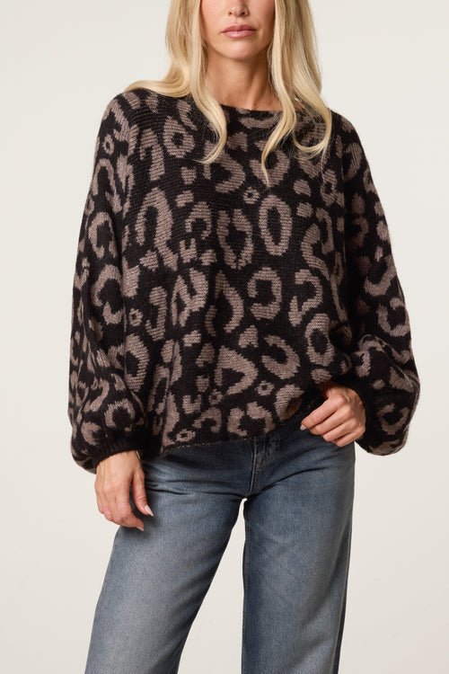 Leopard Print Balloon Sleeve Knit Jumper - Downtown Girl