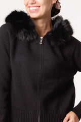 Zip-Through Fur Trim Knit Cardigan