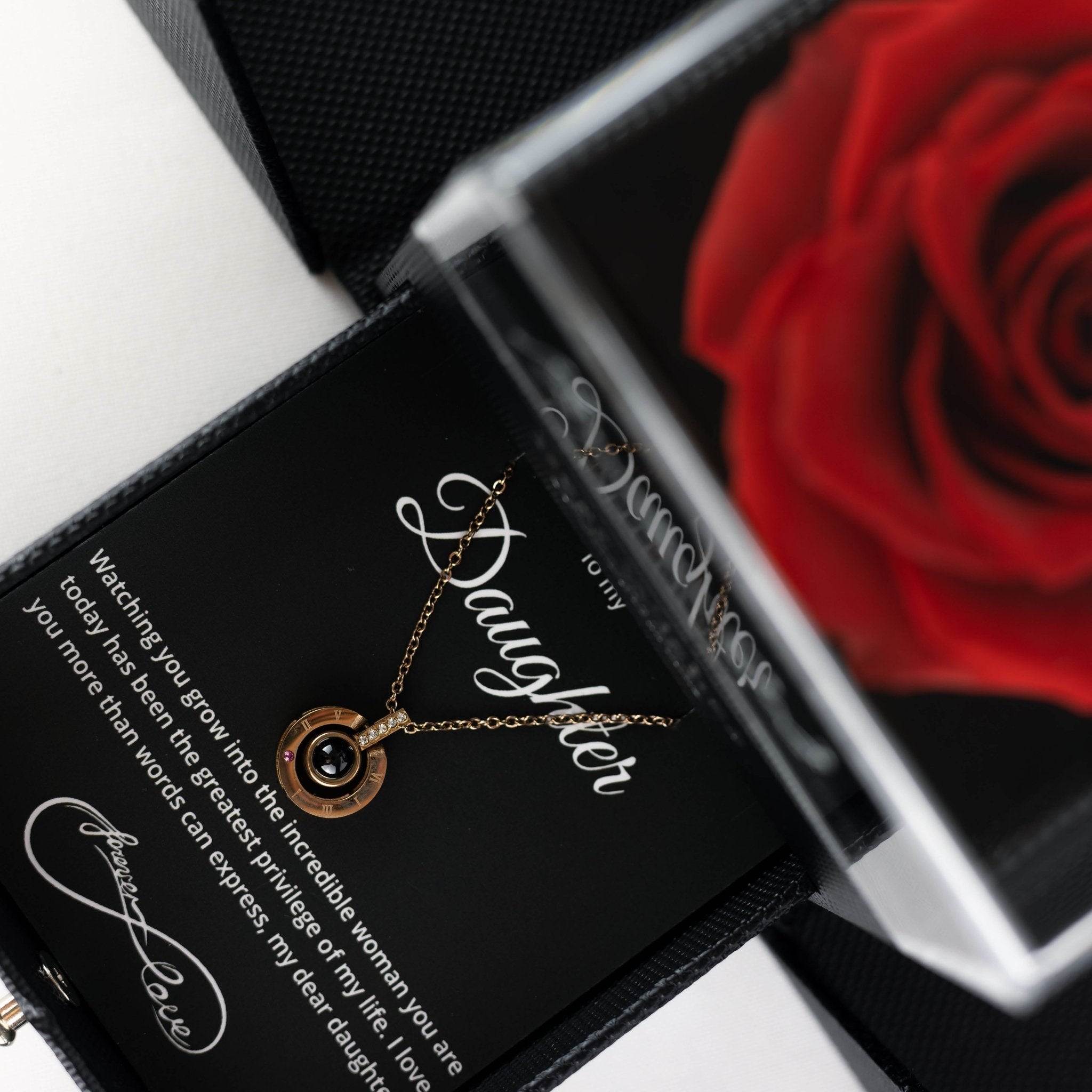 Luxury Black Black Rose Box With Love Languages Necklace With Message - Downtown Girl