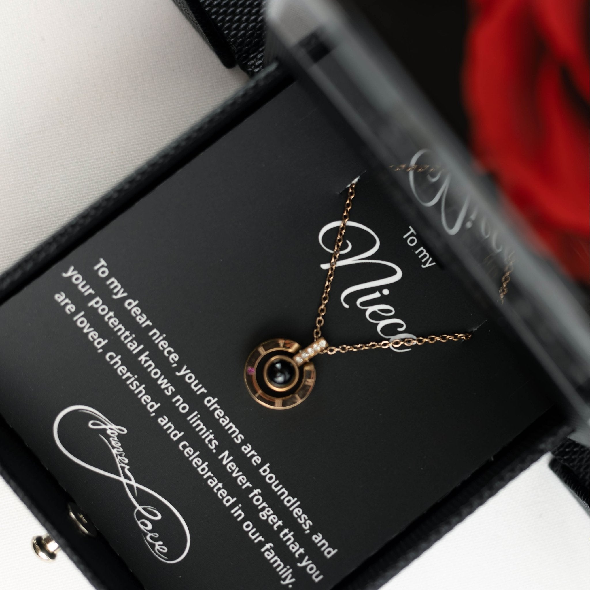 Luxury Black Black Rose Box With Love Languages Necklace With Message - Downtown Girl