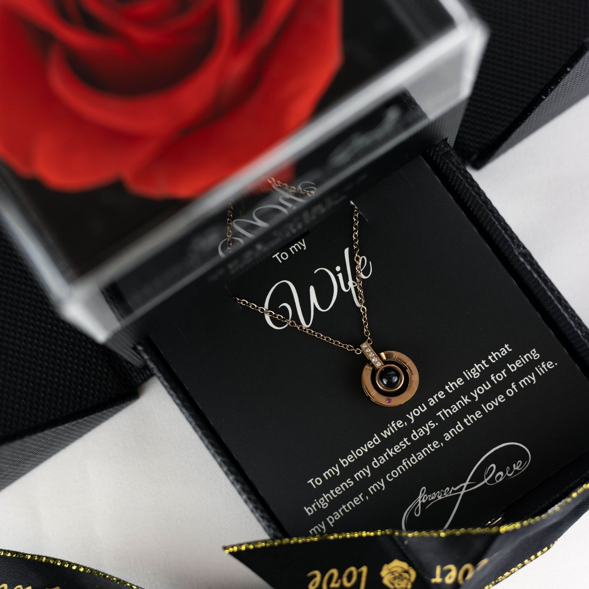 Luxury Black Black Rose Box With Love Languages Necklace With Message - Downtown Girl