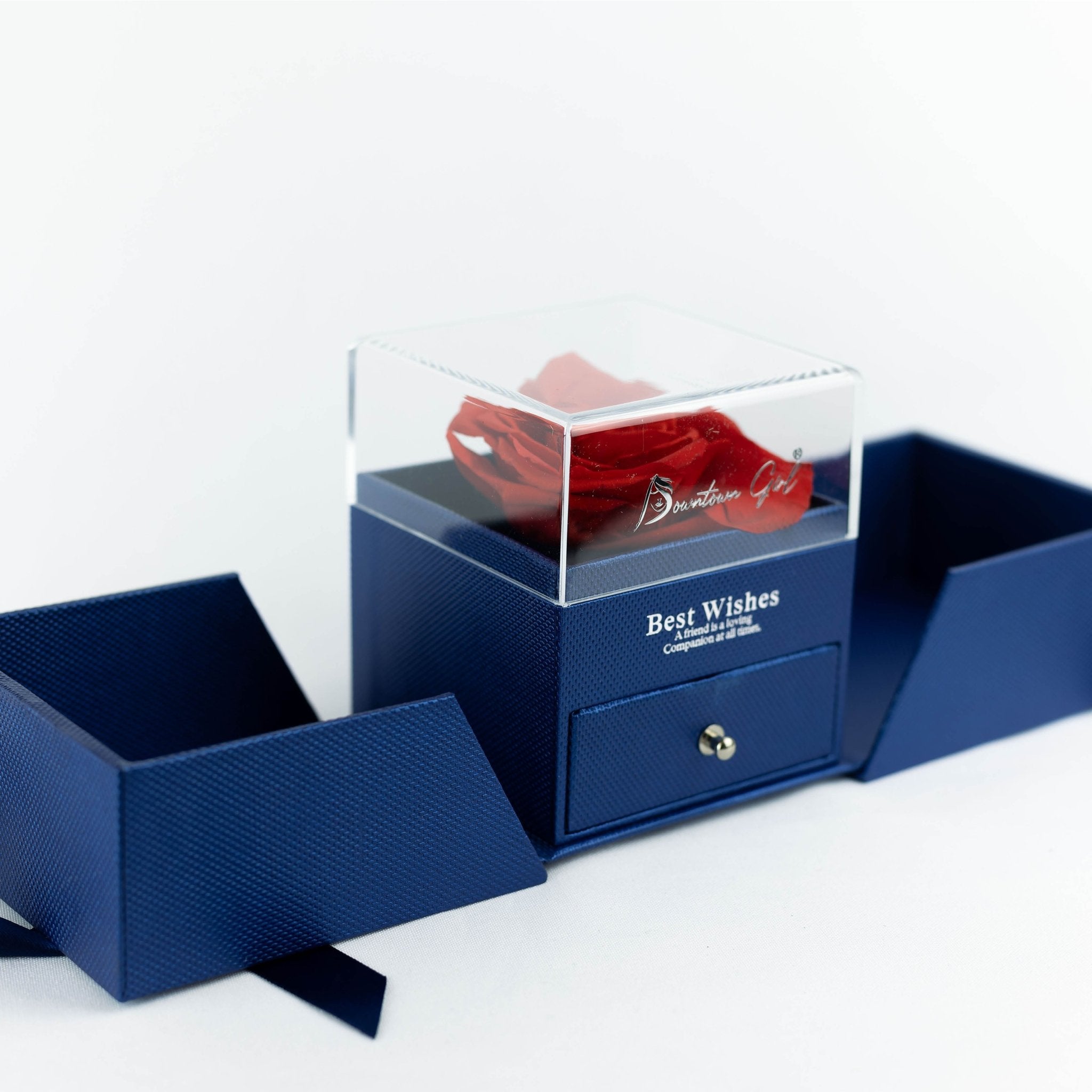 Luxury Blue Rose Box With Red Birthstone And Message - Downtown Girl
