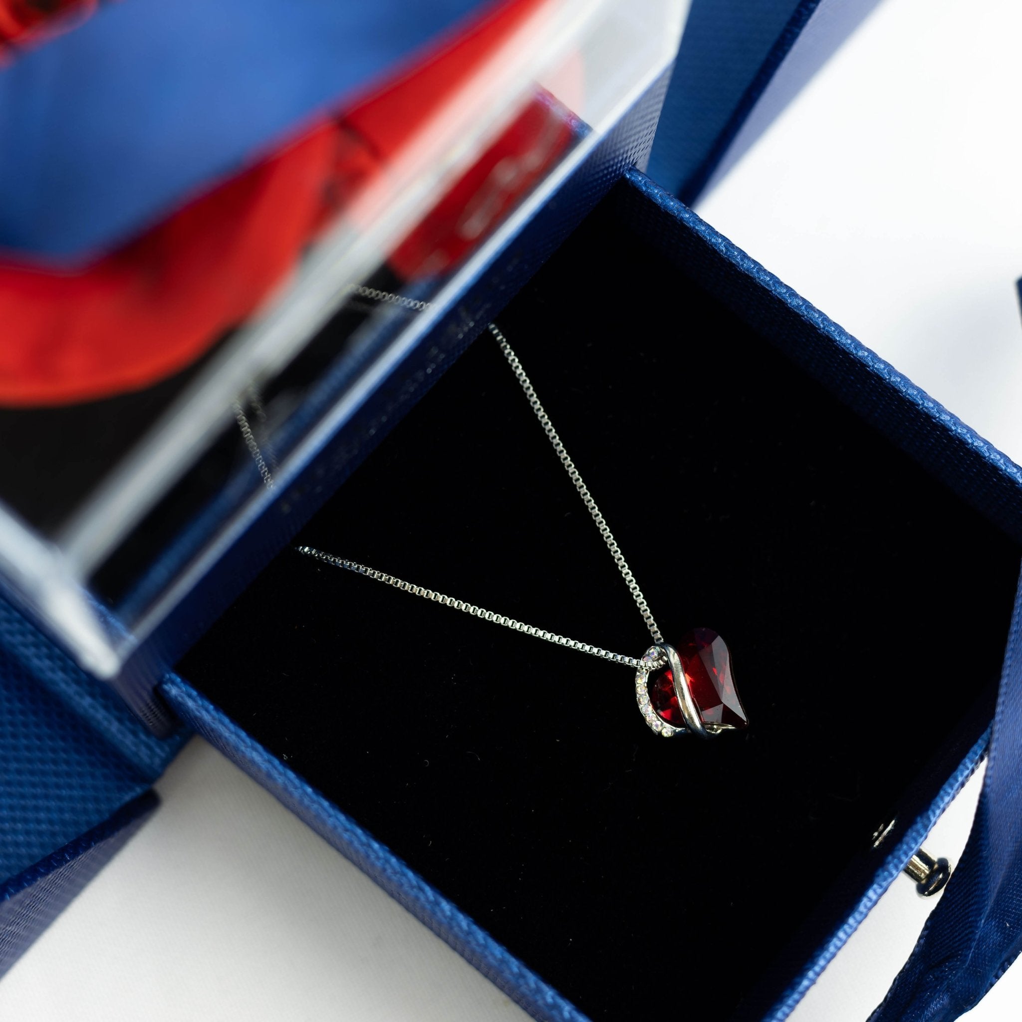 Luxury Blue Rose Box With Red Birthstone And Message - Downtown Girl