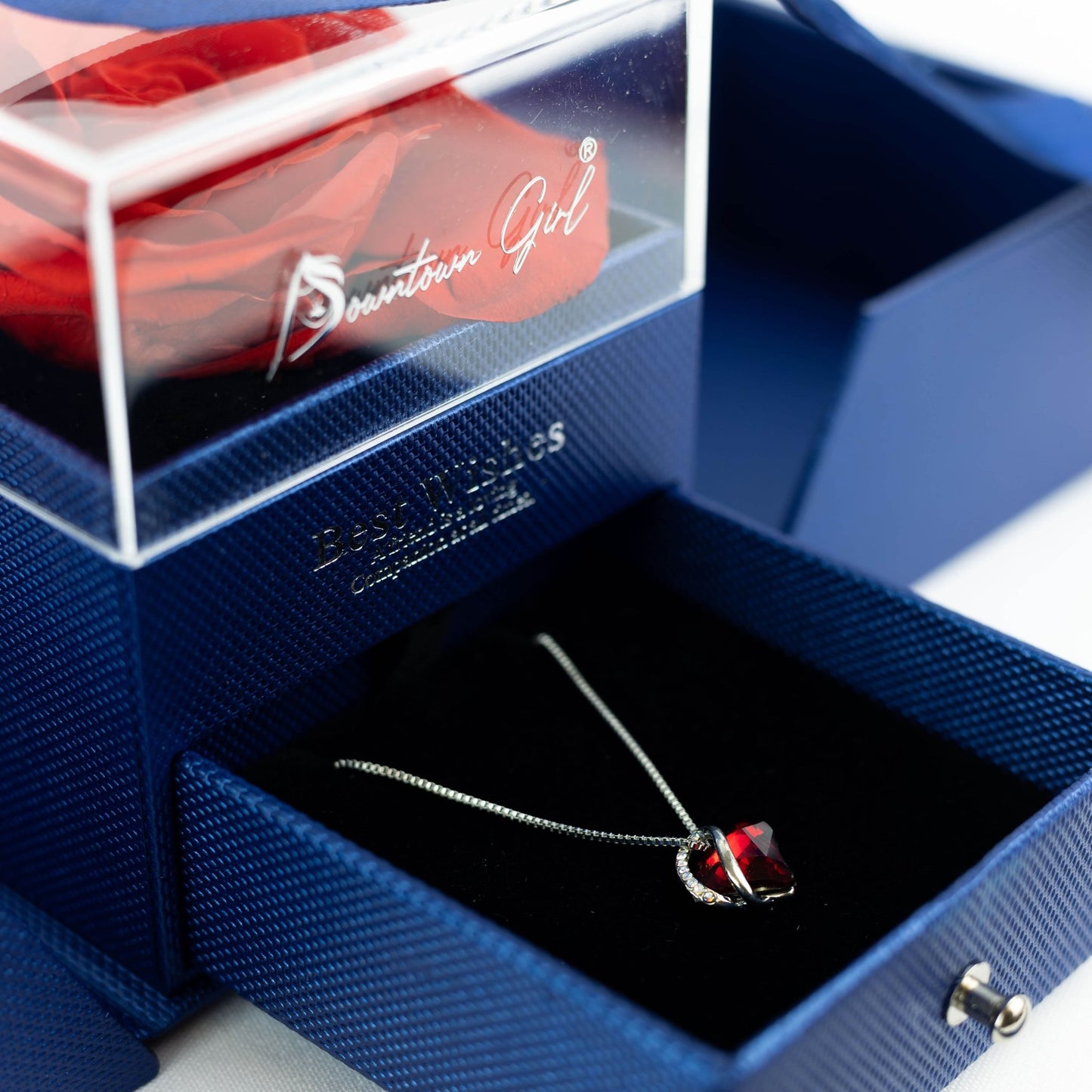 Luxury Blue Rose Box With Red Birthstone And Message - Downtown Girl