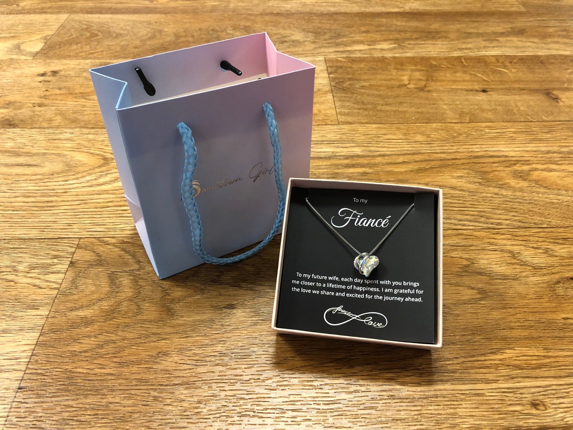 To My Fiancé - Birthstone Heart Necklace With Message - Downtown Girl