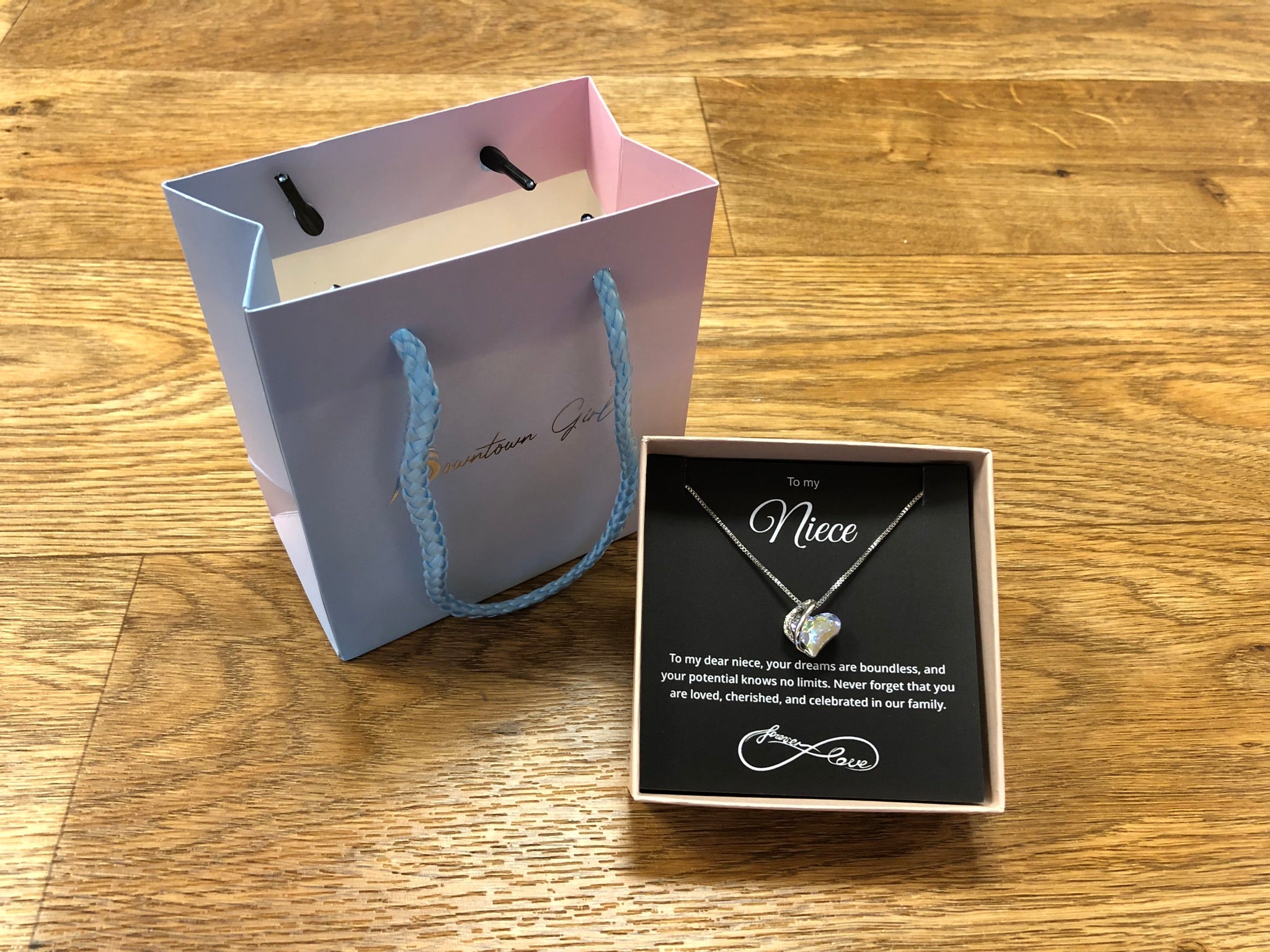 To My Niece - Birthstone Heart Necklace With Message - Downtown Girl