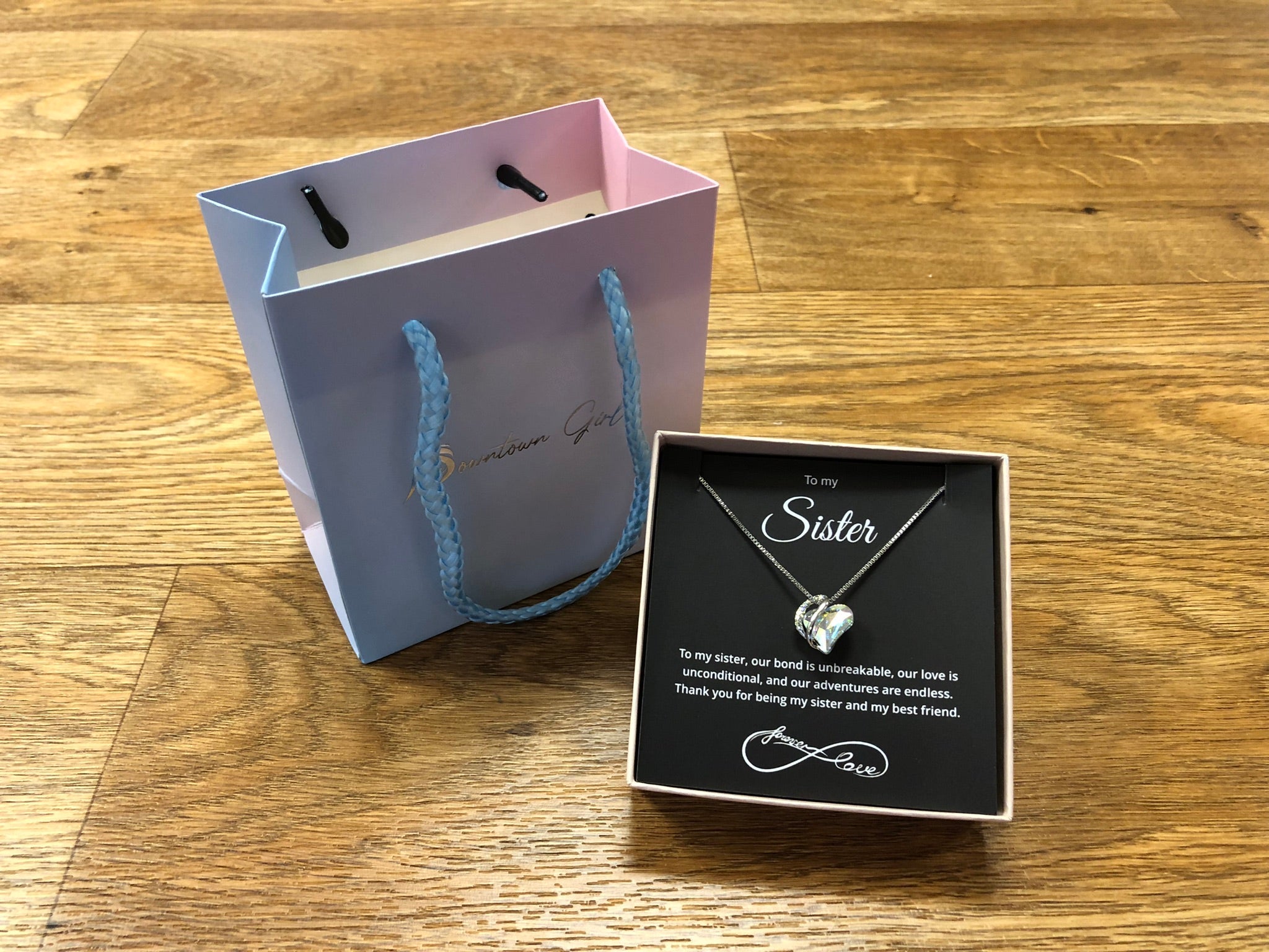 To My Sister - Birthstone Heart Necklace With Message - Downtown Girl