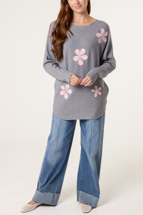 Fine Knit Flower Batwing Jumper