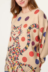 Floral Cat-On-Bicycle Knit Jumper