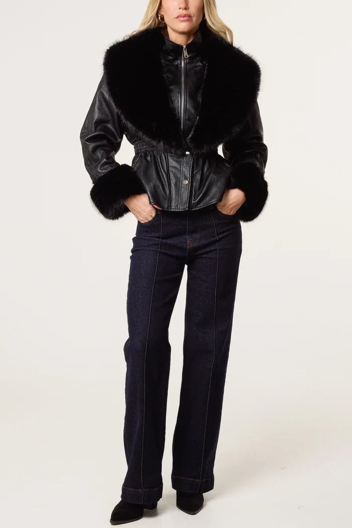 Zip Through Fur Trim Cinched Waist Jacket