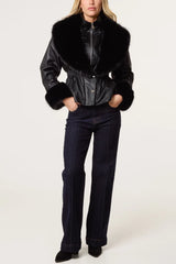 Zip Through Fur Trim Cinched Waist Jacket