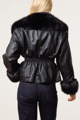 Zip Through Fur Trim Cinched Waist Jacket
