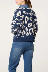Denim Collar Animal Knit Jumper