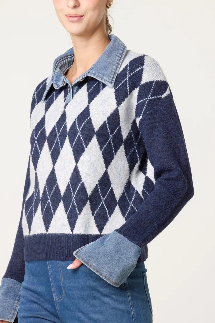 Argyle Denim Trim Knit Jumper