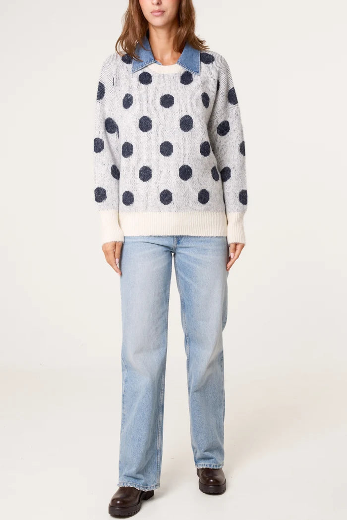 Polka Dot Denim Detail Knit Jumper