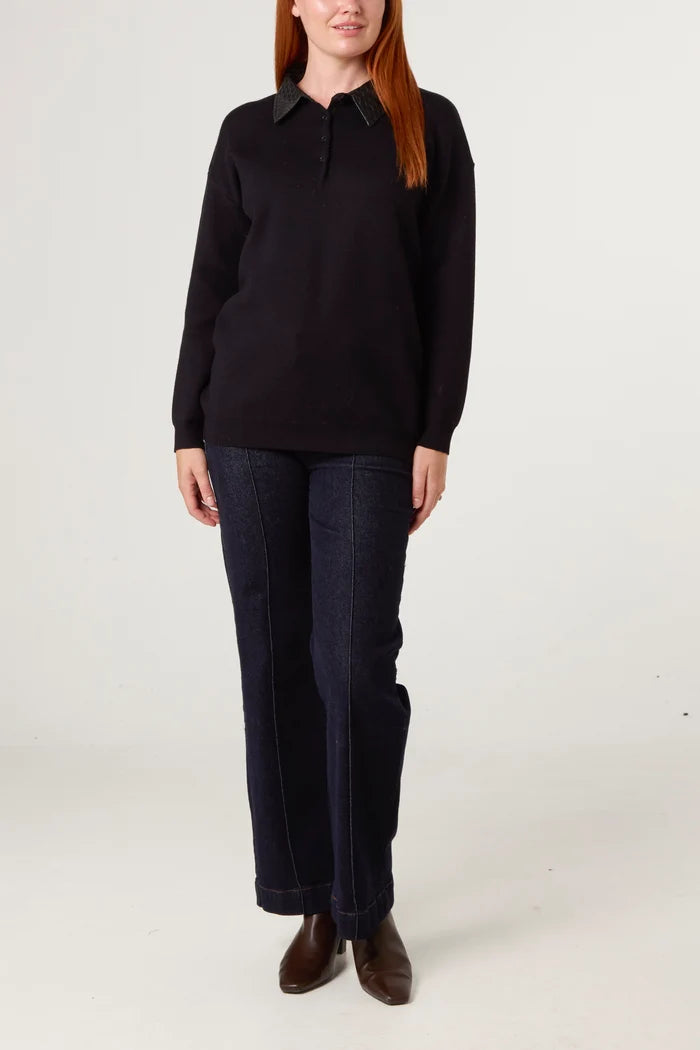 Classic PU Polo Collar Knit Jumper