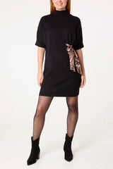 Leopard Satin Bow Knit Mini Dress