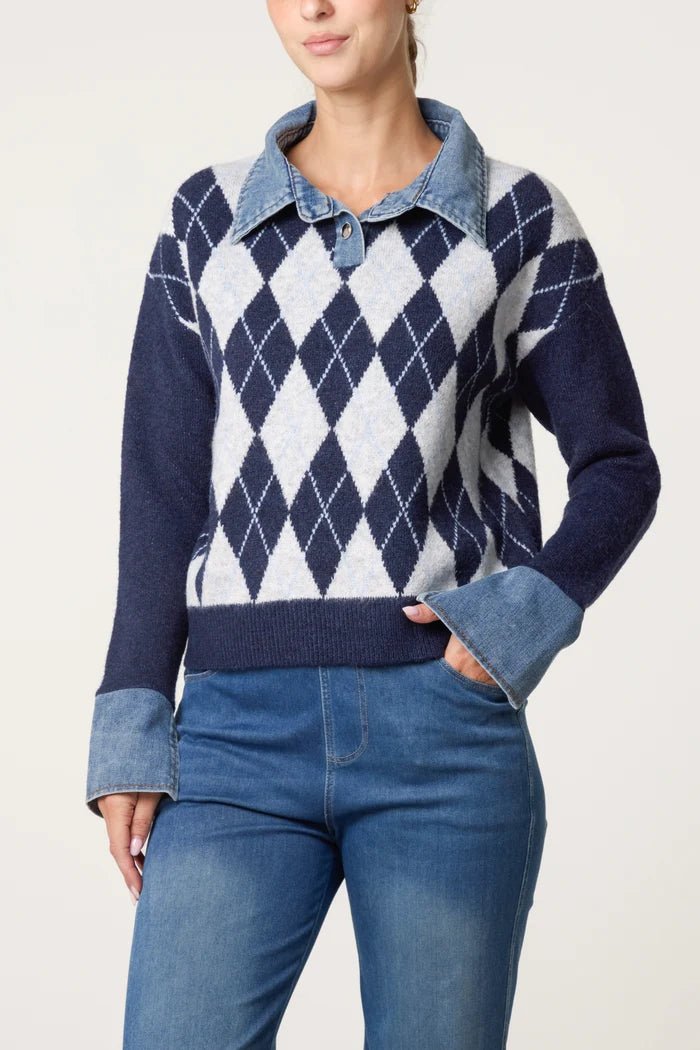Argyle Denim Trim Knit Jumper - Downtown Girl