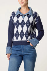 Argyle Denim Trim Knit Jumper - Downtown Girl