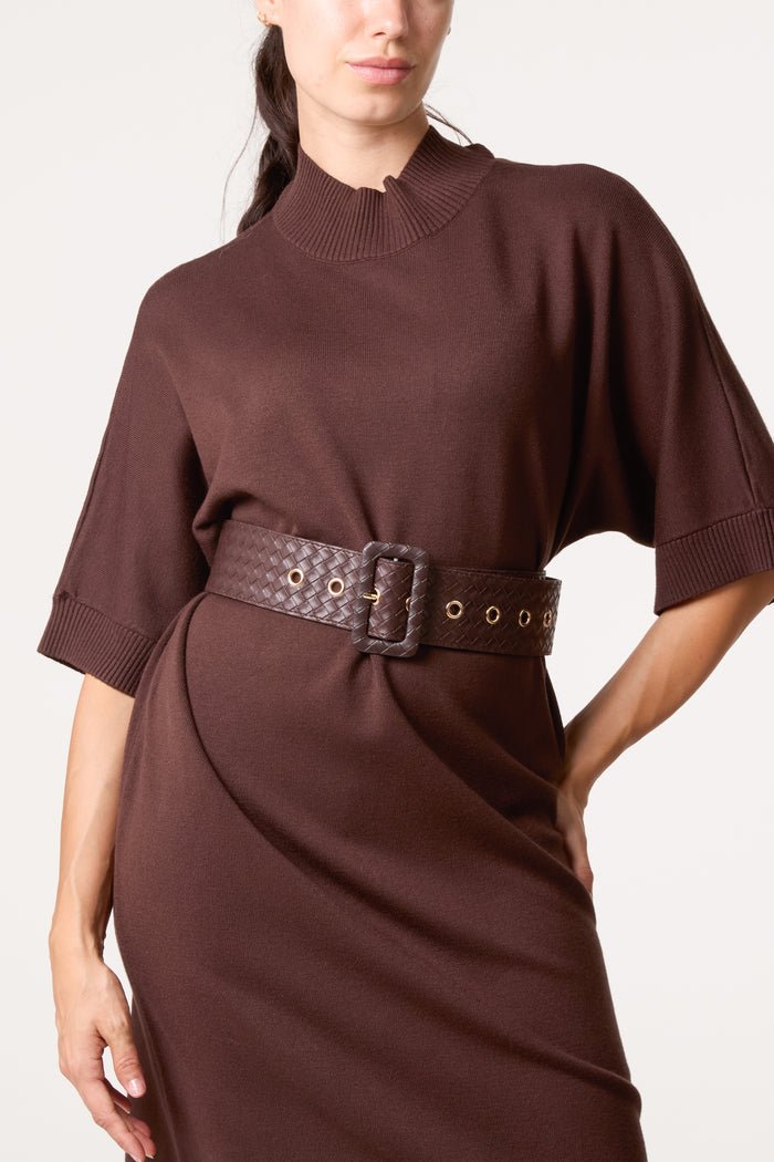 Bold Textured Belt High Neck Knit Midi Dress - Downtown Girl