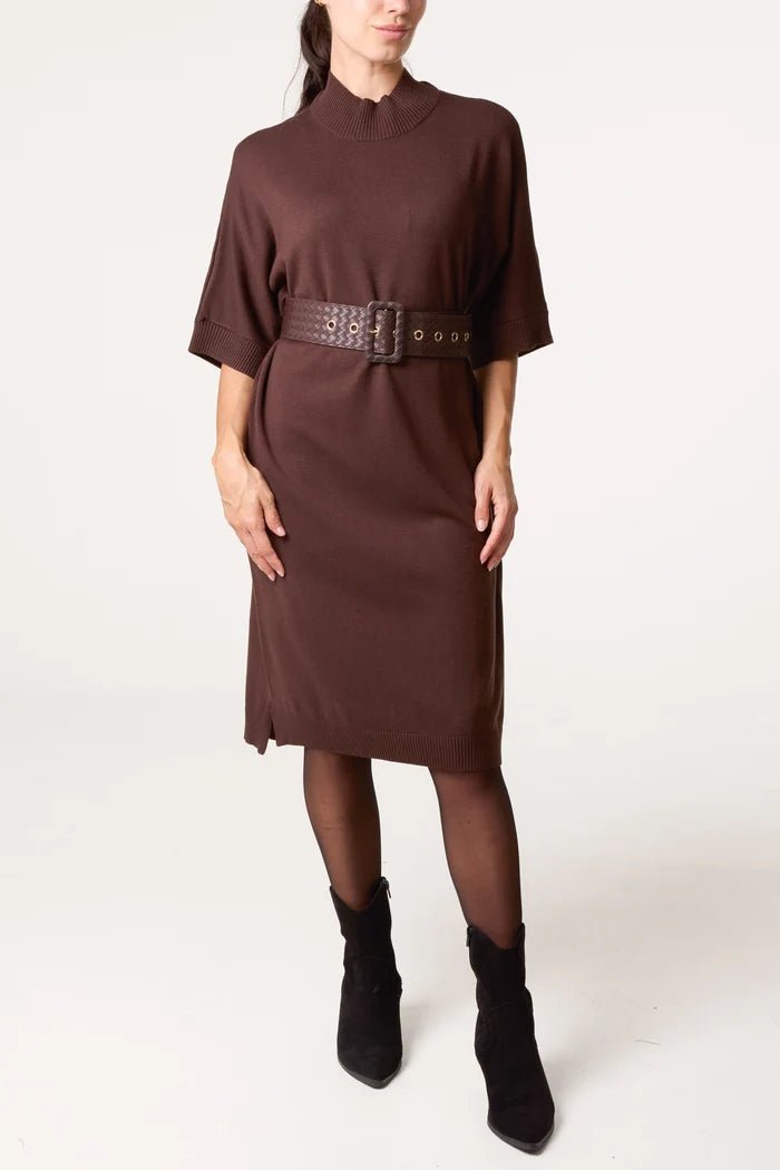 Bold Textured Belt High Neck Knit Midi Dress - Downtown Girl