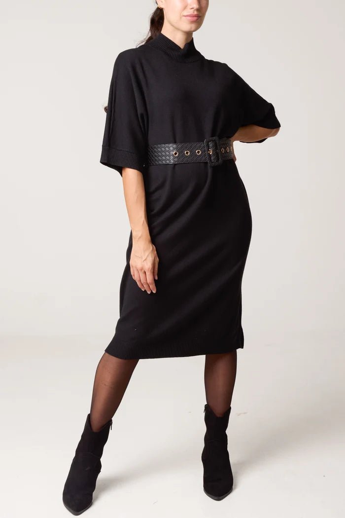 Bold Textured Belt High Neck Knit Midi Dress - Downtown Girl
